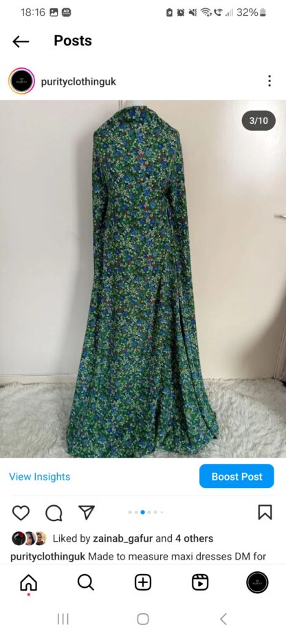 Purity Clothing Women Green maxi dress. Pink floral